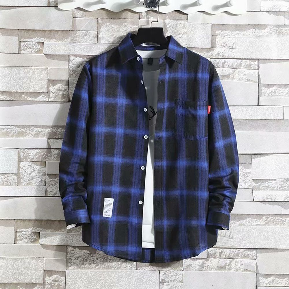 Men's Casual Plaid Shirt Long Sleeve Loose Shirt